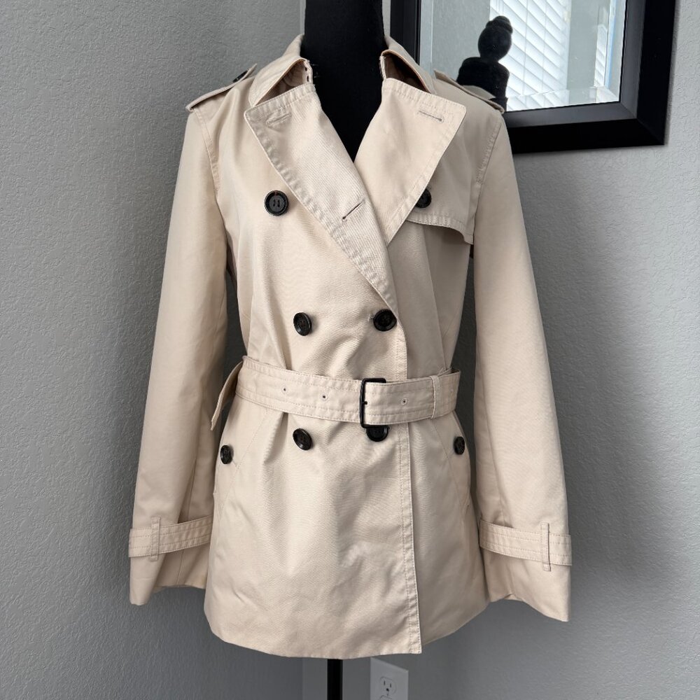 COACH Short Double Breasted Beige Belted Trench Coat Jacket Large - Picture 3 of 16
